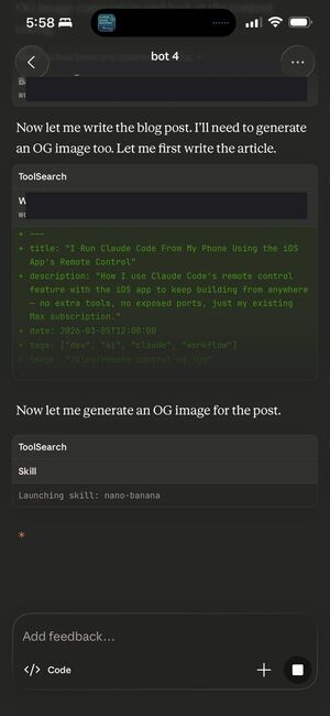 Claude Code mobile workflow — writing this blog post from the phone with frontmatter diff visible
