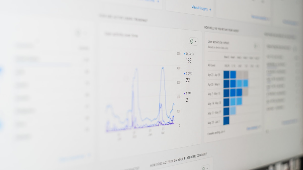 Analytics dashboard showing website traffic and SEO metrics on a computer screen